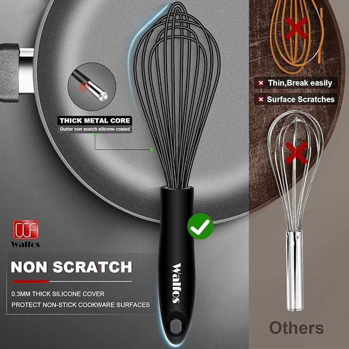 Walfos Silicone Whisk, Stainless Steel Wire Whisk Set of 3 -Heat Resistant - Image 4