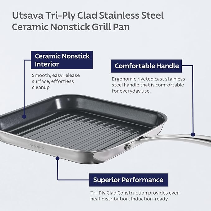 Tramontina Utsava Tri-Ply Clad Stainless Steel 10-Inch Square Grill Pan - Image 3