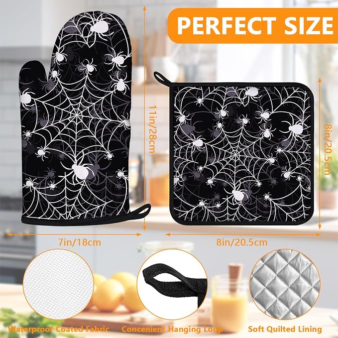 Spider Web Oven Mitts and Pot Holders Sets 4Pcs, Extra Long Oven Gloves - Image 2