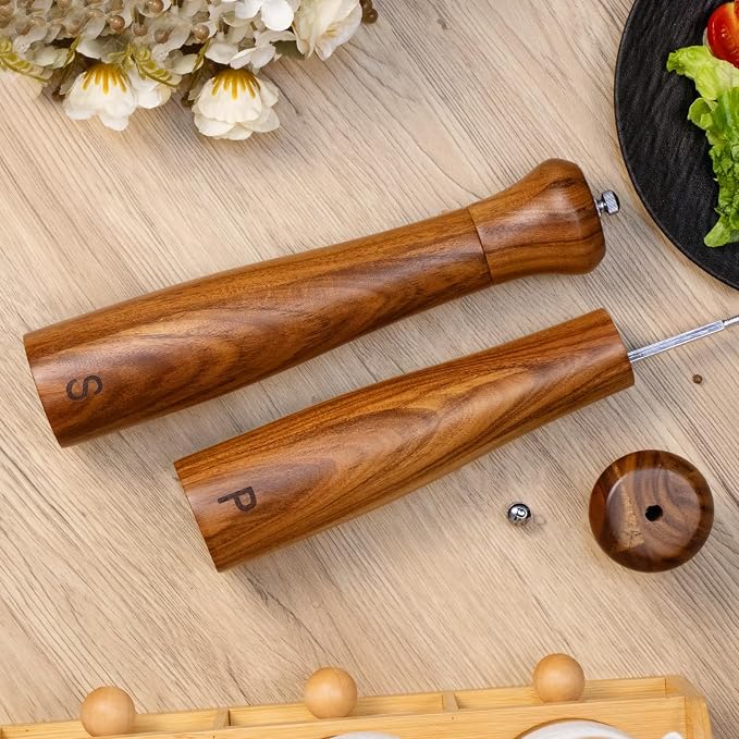 Haomacro 2 Pack 10 Inch Acacia Wooden Salt and Pepper Grinder Set, Manual Salt - Image 7