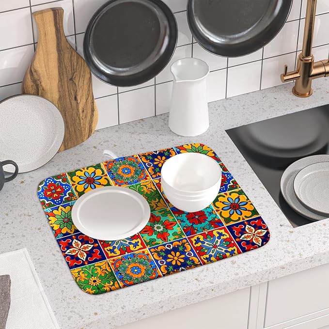 Mexican Tiles Dish Drying Mat for Kitchen Counter Absorbent Microfiber Dish - Image 6