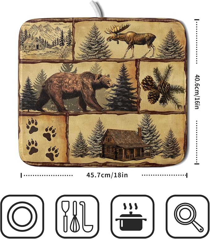 Vintage Bear Moose Dish Drying Mat 16x18 Inch Country Cabin Absorbent Dish - Image 2