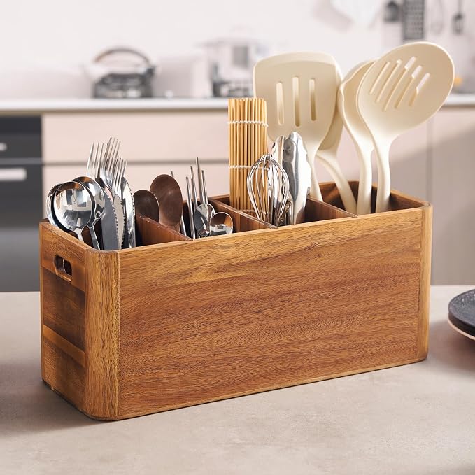 16" Wooden Kitchen Utensil Holder, Extra Large Acacia Wood Organizer by Unknown