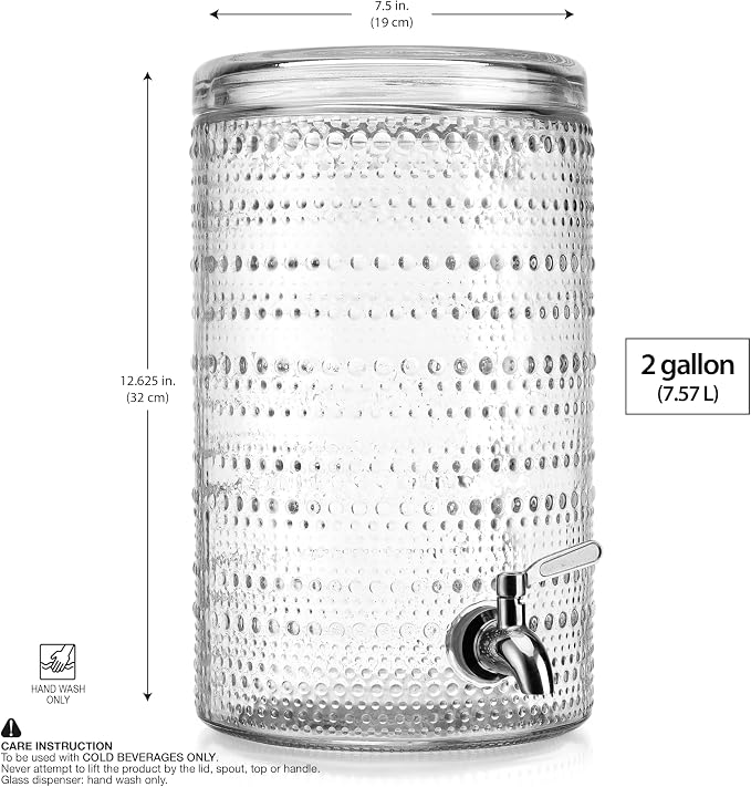 Glavers 2 Gallon Beverage Dispenser Clear Glass Hobnail Beaded Jug, Tight Lid - Image 2