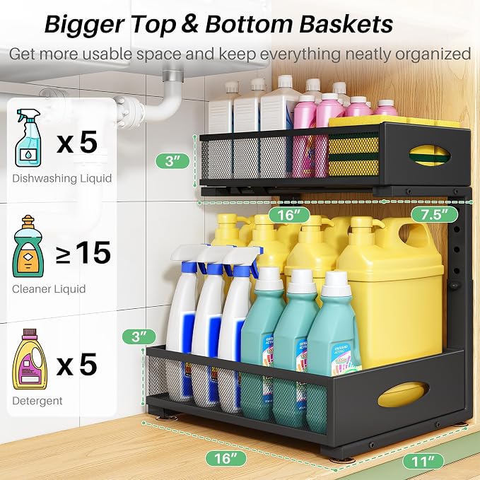Under Sink Organizer, L-Shaped Adjustable Height, Mesh Sliding Drawer - Image 3