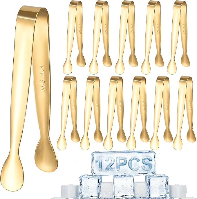 12 Pcs Gold Serving Tongs, Stainless Steel Ice Tongs Mini Sugar Tongs by ELASO