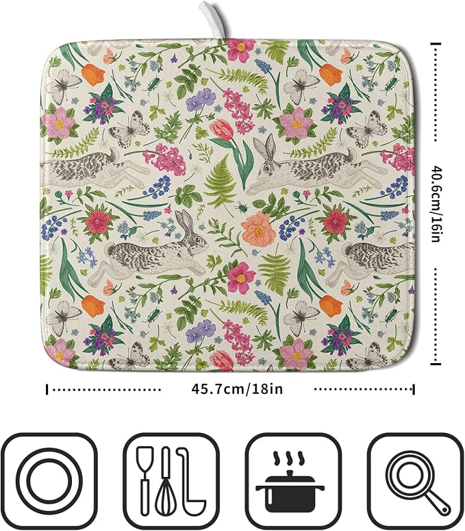 Spring Easter Dish Drying Mat for Kitchen Counter 16x18 Rabbit Bunny Green Pink - Image 2