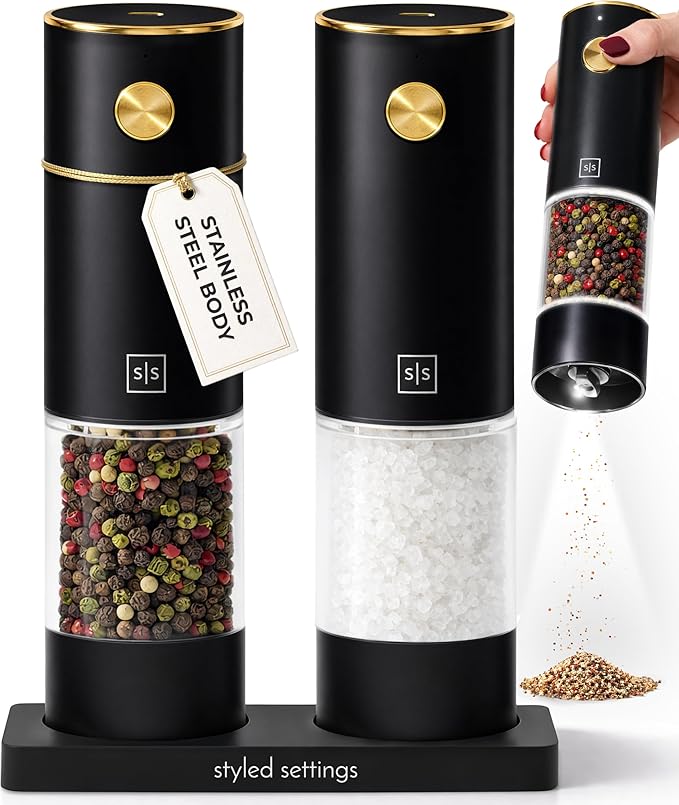 Electric Salt and Pepper Grinder Set Rechargeable – Black and Gold Salt and by STYLEDSETTINGS