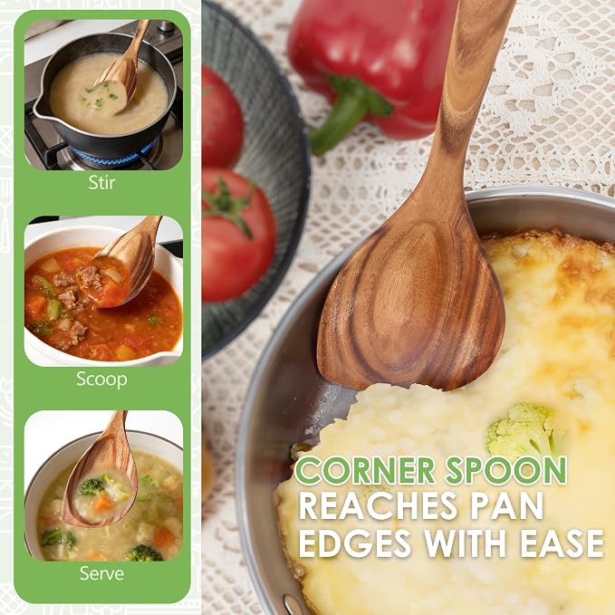HOWHONG Corner Spoon Wooden Cooking Utensil, Long Handle Acacia Wood Spoon - Image 4