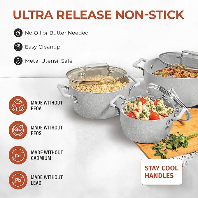 Granitestone Gray Pots and Pans Set Nonstick, 6 Stackable Piece Cooking Pots Set - Image 2