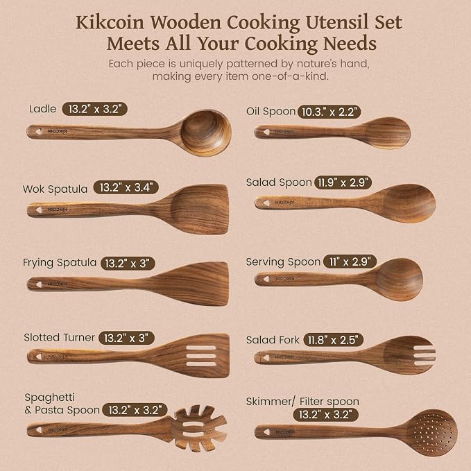Kikcoin 10 PCS Durable Natural Teak Wooden Cooking Utensil Set, Non Toxic - Image 2