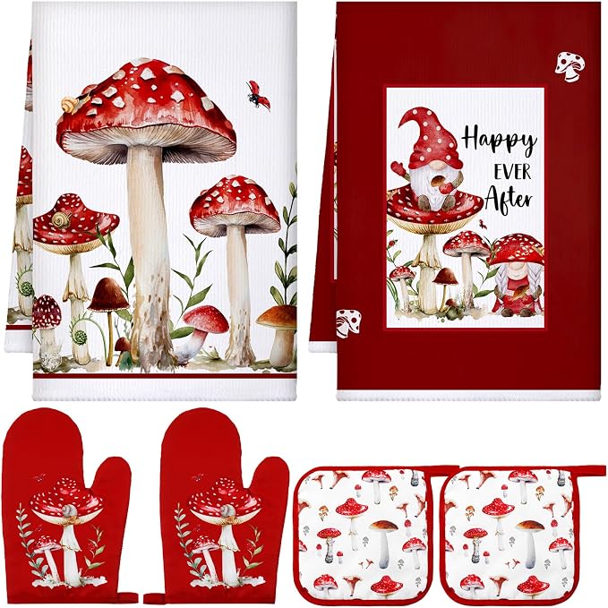 Bencailor 6 Pcs Mushroom Kitchen Towels Oven Mitts and Pot Holders Decorative by Bencailor
