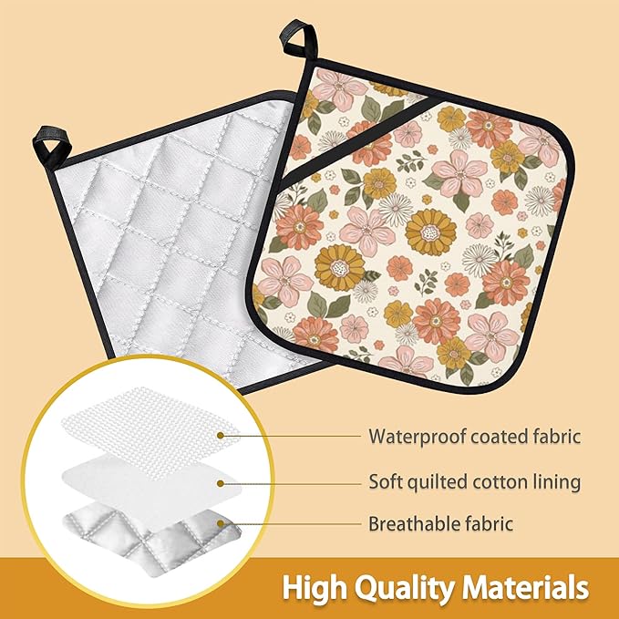 Retro Boho Groovy Flower Pot Holder Set of 2, Heat Resistant Potholders Oven - Image 3
