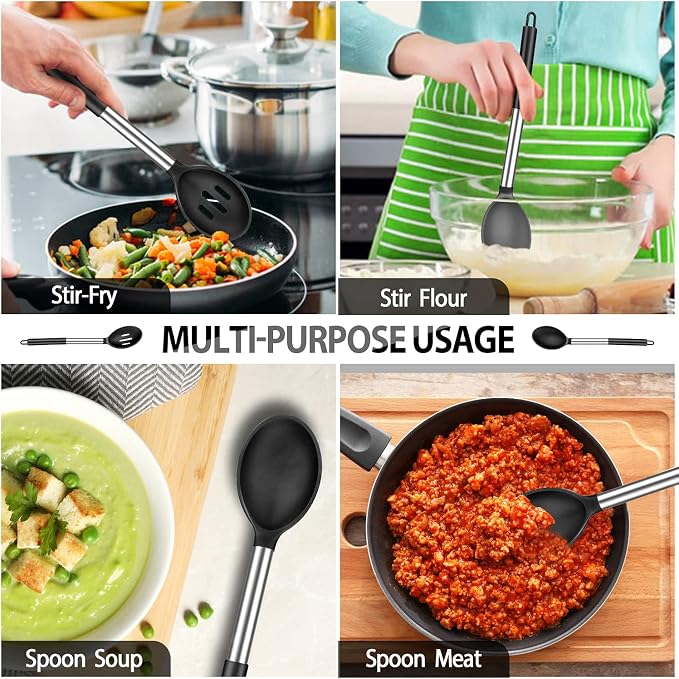 Pack of 4 Large Silicone Cooking Spatulas and Spoons, Slotted and Solid - Image 5