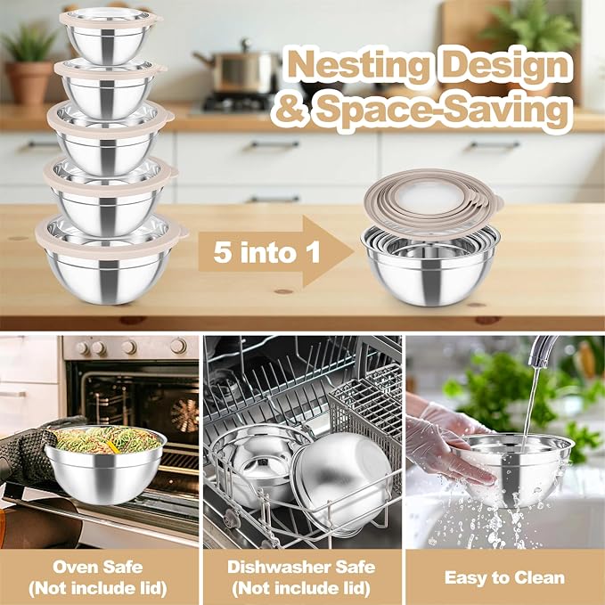 TeamFar Mixing Bowls, 4.5/3/1.5/1/0.7 QT Stainless Steel Nesting Salad Bowls - Image 7