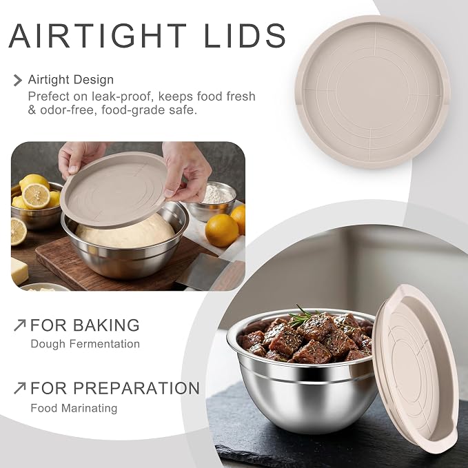HaWare Mixing Bowls with Airtight Lids, 6-Piece Stainless Steel Salad Bowls - Image 3