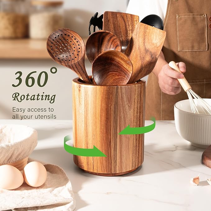 Criusia Utensil Holder 2 Pack, 360° Rotating Acacia Wood Cooking Utensil Crocks - Image 5