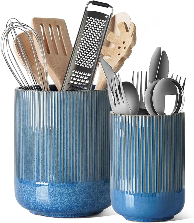 LE TAUCI Utensil Holder for Kitchen Counter, 7.3"+5.4" Fluted Ceramic Utensil by LETAUCI
