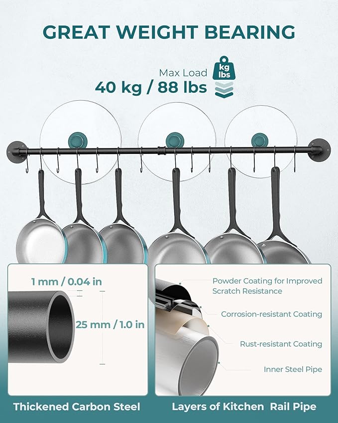 OROPY 38 inch Pot Bar Rack Wall Mounted Detachable Pans Hanging Rail Kitchen - Image 5
