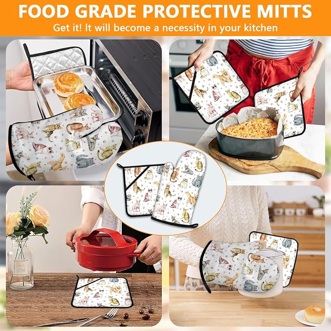 Cute Cats Oven Mitts and Pot Holders Sets 4Pcs, Extra Long Oven Gloves Potholder - Image 7