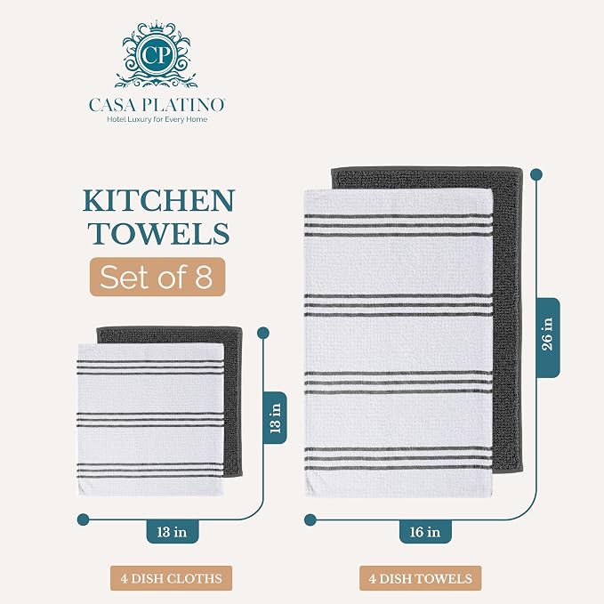 Casa Platino 8PC Cotton Kitchen Towels, Summer Grey Kitchen Towels - Image 2
