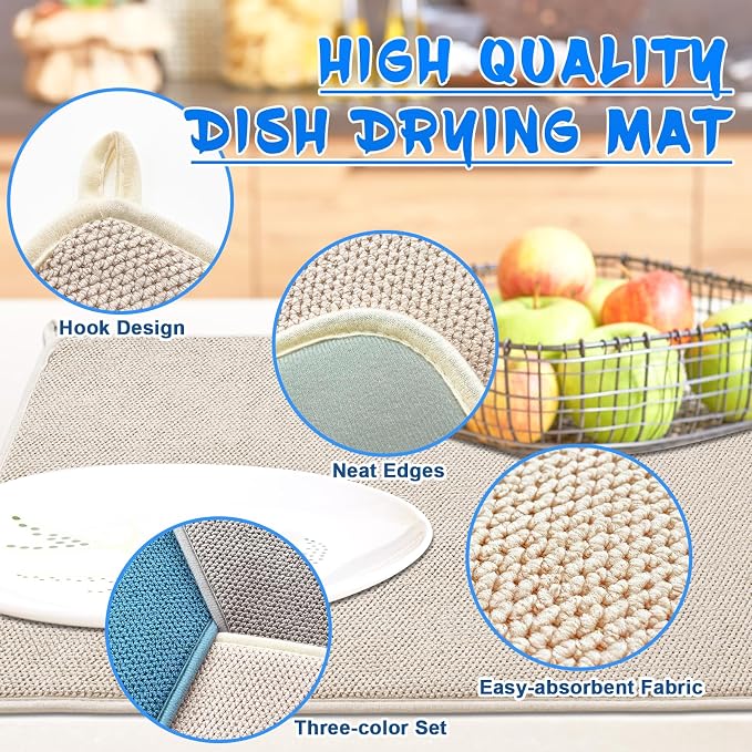 3 Pack XXL Dish Drying Mats, 24×17" Absorbent Microfiber Dishes Drainer Mats - Image 3