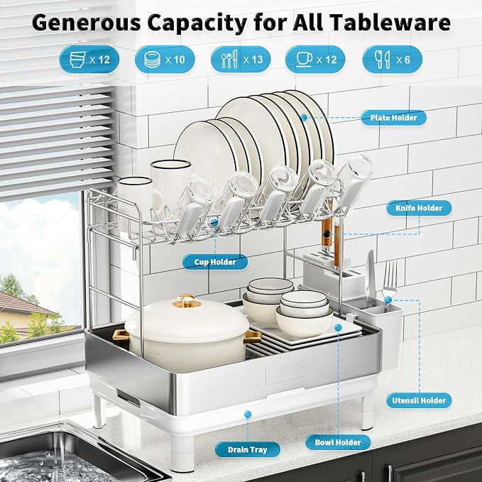 Ewaiira Dish Drying Rack, 2 Tier Large Dish Rack, Stainless Steel Dish Drainer - Image 8