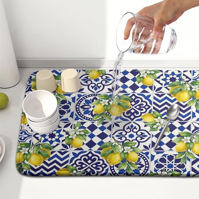 Lemon and Blue Tile Dish Drying Mat 16x18 Inch Absorbent Reversible Mexican - Image 6