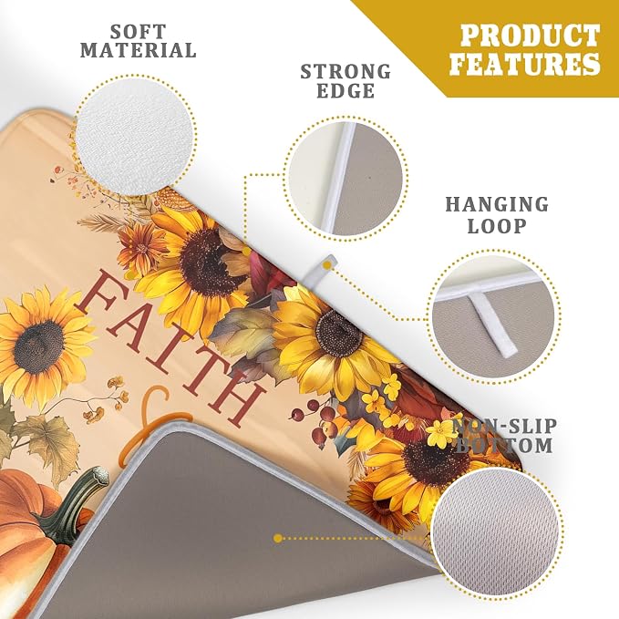 Fall Pumpkin Sunflower Dish Drying Mat 18”x24” Faith Family Fall Drying Mat - Image 4