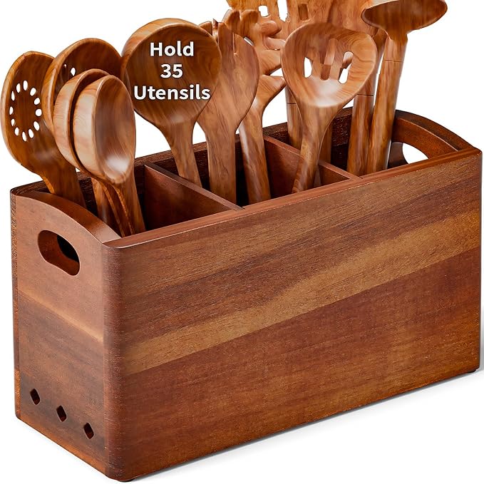 Natural Acacia Wood Utensil Holder by PrimZootyDesign