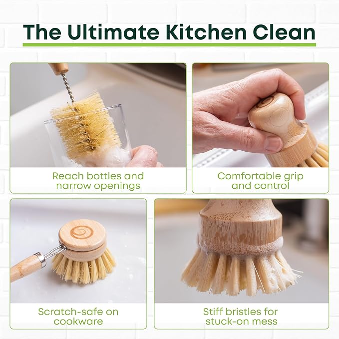 Tieralia Bamboo Dish Brush Set 5 Piece – Eco Friendly Kitchen Cleaning Kit - Image 3