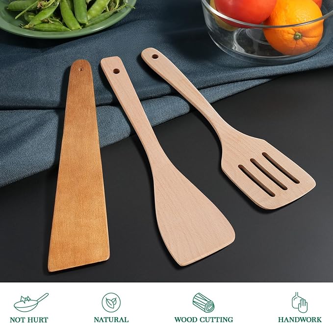 3Pcs Wooden Spatulas, 12inch Long Handle Slotted Turner Spatula Set, Uncoated - Image 2
