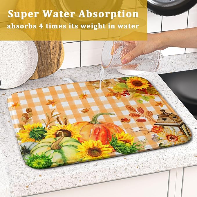 Autumn Maple Leaf Orange White Check Plaids Dish Drying Mat - Image 7