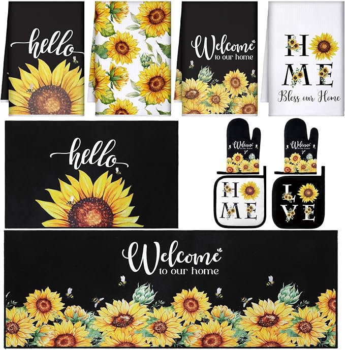 Fourluoo 10 Pcs Sunflower Kitchen Dish Towels Rugs Oven Mitts and Pot Holders by Fourluoo