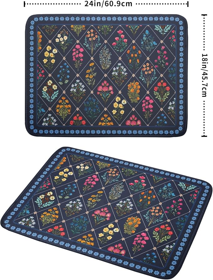 Lapis Blue Dish Drying Mat for Kitchen Counter Flowers Microfiber Absorbent - Image 2