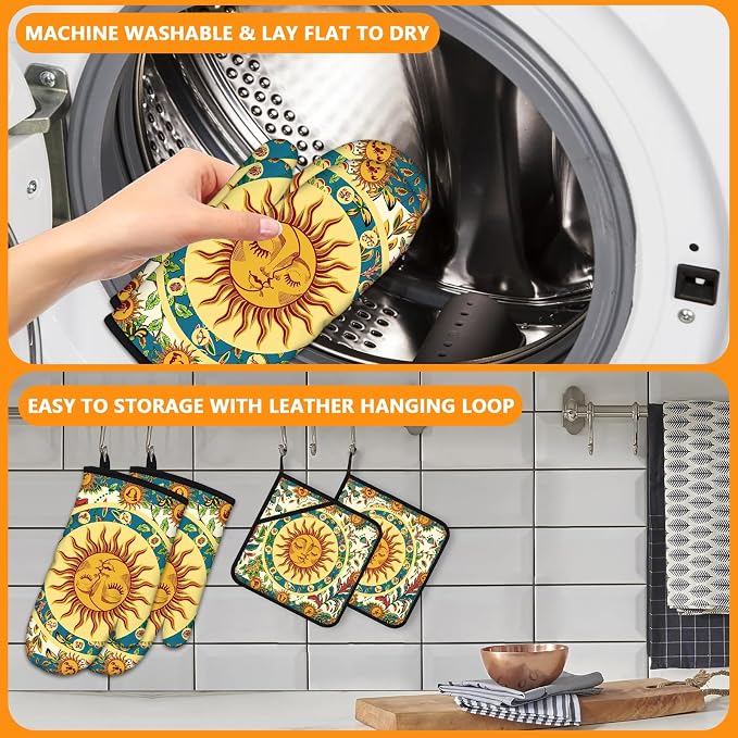 Sun and Moon Oven Mitts and Pot Holders Sets 4Pcs, Extra Long Oven Gloves - Image 5