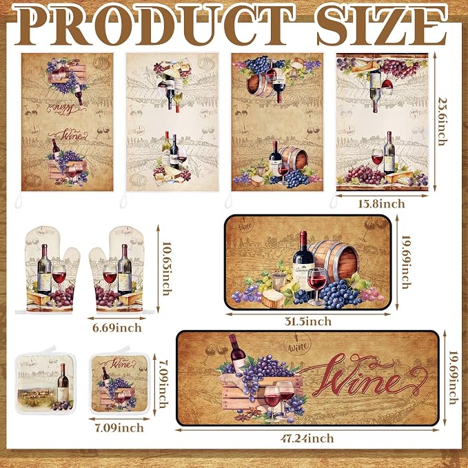 Fourluoo 10 Pcs Wine Kitchen Dish Towels Rugs Oven Mitts and Pot Holders Set - Image 3