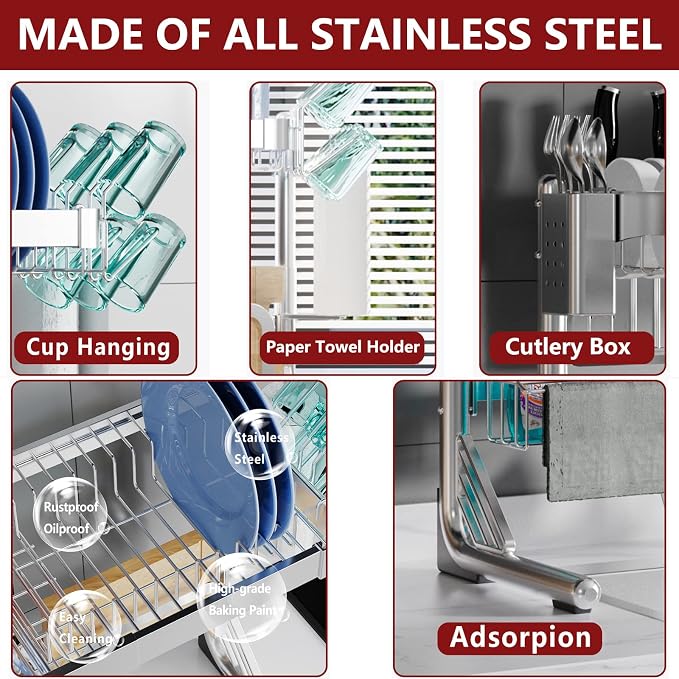 VNKZI Over Sink Dish Drying Rack, 2 Tier Full Stainless Steel Storage - Image 3
