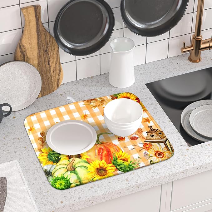 Autumn Maple Leaf Orange White Check Plaids Dish Drying Mat - Image 6