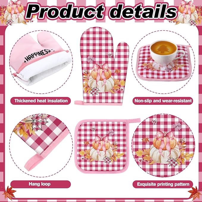 Fanfanwin 10 Pcs Thanksgiving Pumpkin Kitchen Decor Set Pink Kitchen Towels Pot - Image 4