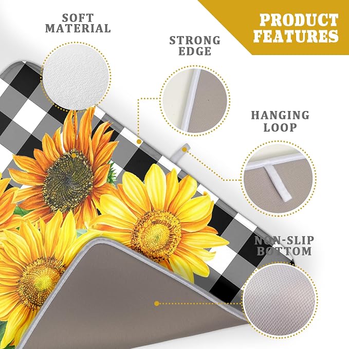 Sunflower Dish Drying Mat for Kitchen Counter Watercolor Black White Plaid - Image 4