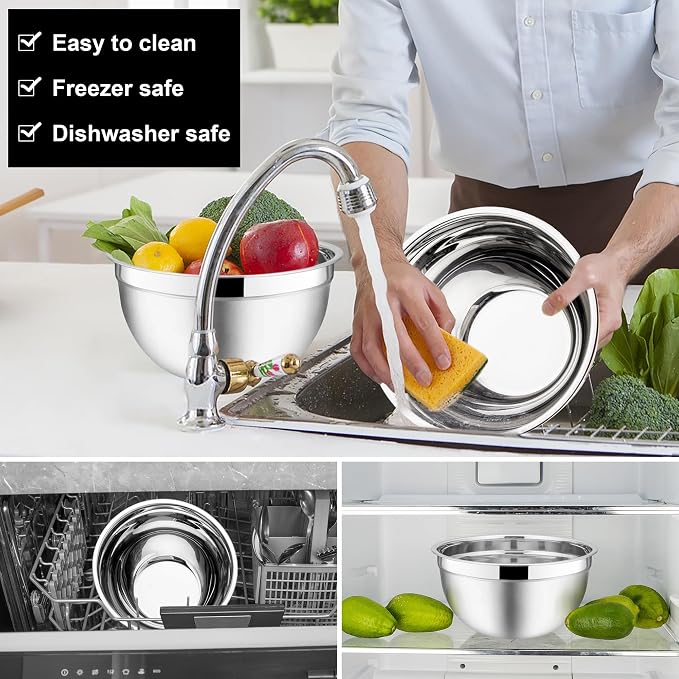 E-far Mixing Bowls with Lids, 6-Piece Stainless Steel Salad Bowls Metal Nesting - Image 6