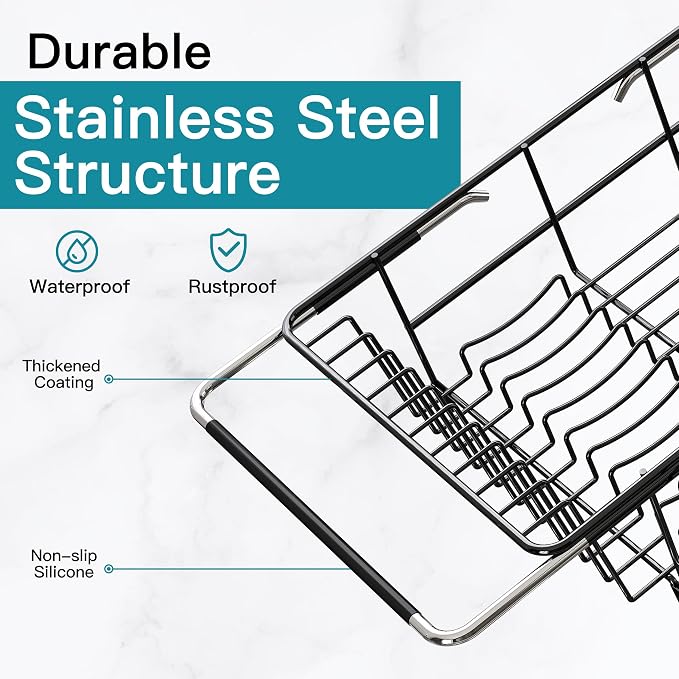 Dish Drying Rack Over the Sink In Stainless Steel Black Expandable Drainer - Image 5