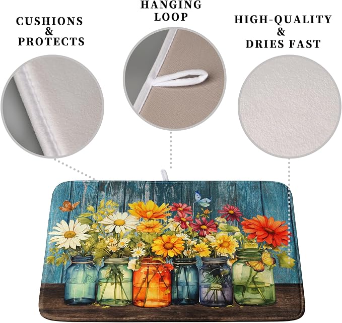 Daisy Dish Drying Mat for Kitchen Counter 16x18 Inch Rustic Vintage Flower - Image 3