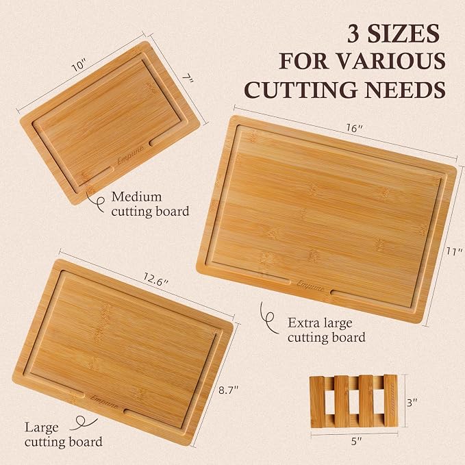 Empune Bamboo Cutting Board Set, Wood Cutting Boards - Image 2