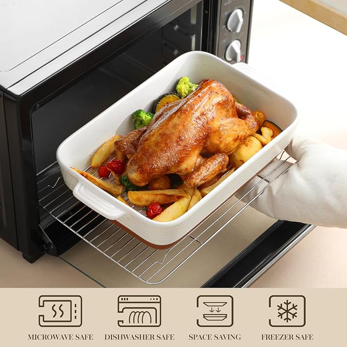 MALACASA Baking Dish with Rack, 4.8 Qt Ceramic Roasting Pan with Stainless - Image 4