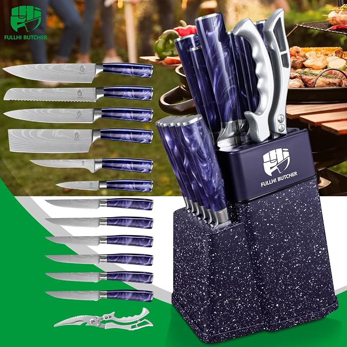 FULLHI 14pcs Block Knife Set, Chef's Knife Steak Knives Set - Image 9
