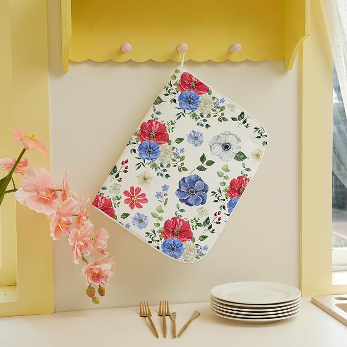 Blue Red Floral Dish Drying Mats 18x24 Inch Independence Day Flower Drying Mats - Image 6