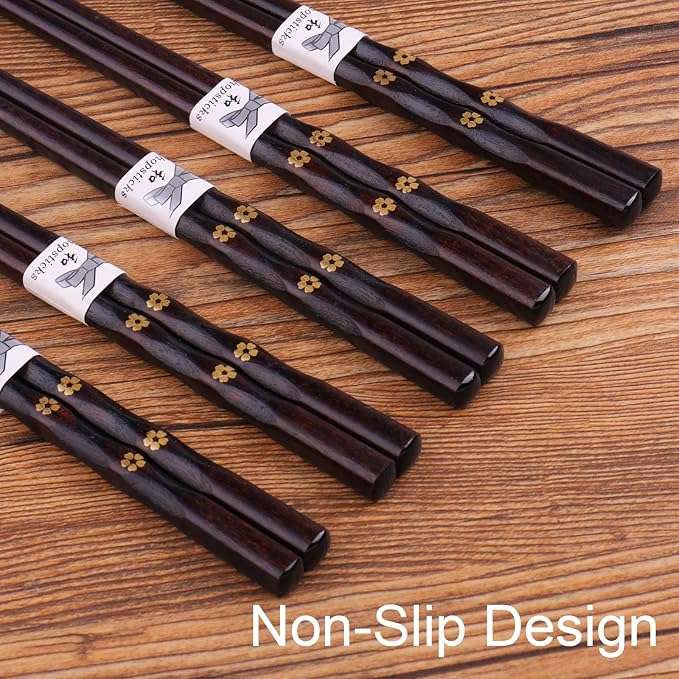 5 Pairs Chopsticks Wooden, Glamfields Reusable Chop sticks, Non-slip Japanese - Image 4