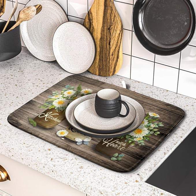 Flower Vase Dish Drying Mats 16x18 Inch Rustic Wood Reversible Microfiber - Image 5